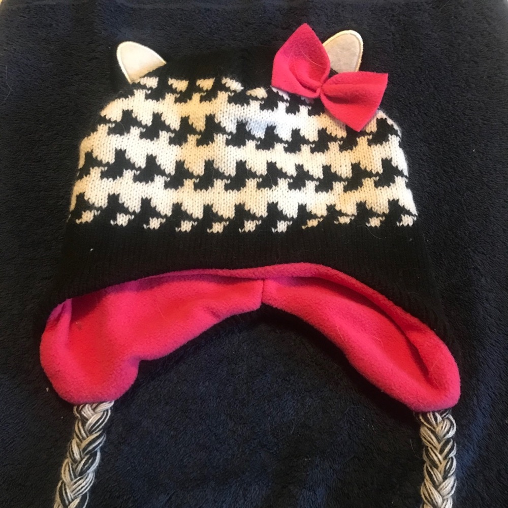 Adorable pink black white beanie with bow and ears